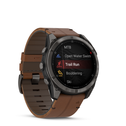 Garmin Fēnix 8 Pro – 51 mm, AMOLED Sapphire, Carbon Gray DLC Ti, Gesztenyebarna bőrszíjas