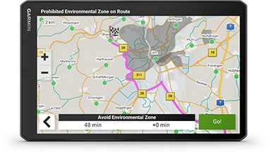 Garmin Camper környezeti zóna navigáció – Euro 1-2-3 besorolású járművek tiltott zóna figyelmeztetése