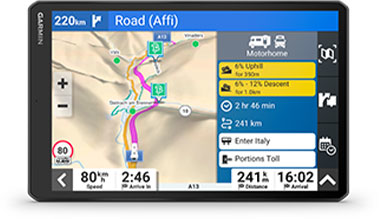 Garmin Camper útvonal figyelmeztetések – meredek lejtő, súlykorlát és éles kanyar előrejelzés lakóautóhoz