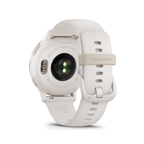 A jobb felső gomb és a bujtató színe franciaszürke a Garmin Vívoactive 5 Cream Gold	óránál